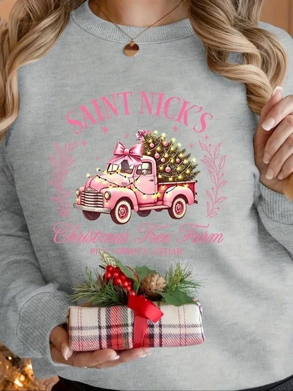 Women's Christmas Truck & Letter Print Crew Neck Sweatshirt, Casual Long Sleeve Pullover for Fall & Winter, Women's Tops...