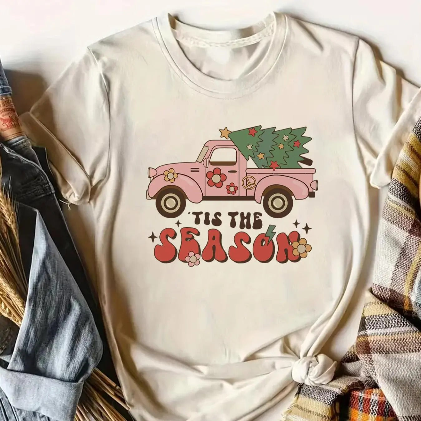 Women's Christmas Truck & Tree Print Round Neck Tee, 1 Count Casual Short Sleeve Crew Neck T-shirt for All Seasons,...