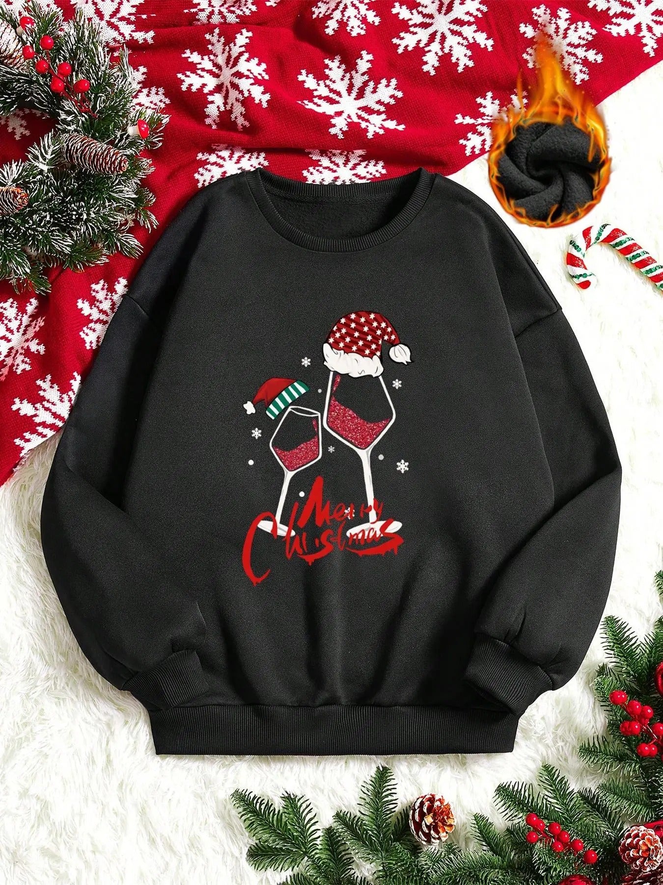 Women's Christmas Wine Glass Print Crew Neck Sweatshirt, Casual Long Sleeve Pullover, Ladies Fall & Winter Clothes for...