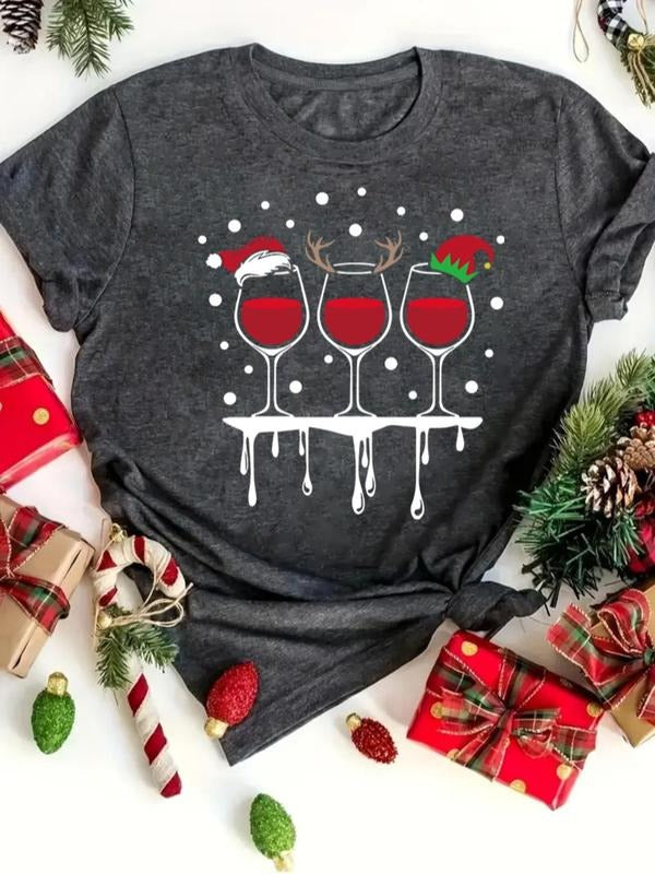 Women's Christmas Wine Glass Print Round Neck Tee, Casual Short Sleeve Crew Neck T-shirt for All Seasons, Fashion Women's...