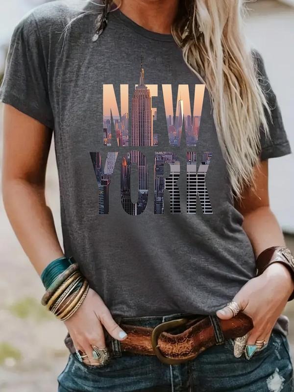 Women's City & Letter Print Round Neck Tee, Vintage Trendy Casual Short Sleeve T-shirt for Daily Wear, Ladies Summer, Top...