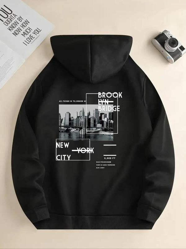 Women's City Landscape & Letter Print Drawstring Pocket Hoodie, Casual Drop Shoulder Long Sleeve Hooded Sweatshirt,...