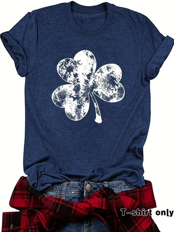 Women's Clover Print Round Neck Tee, Casual Short Sleeve Crew Neck T-Shirt for Spring, Fashion Women's Top for Daily...
