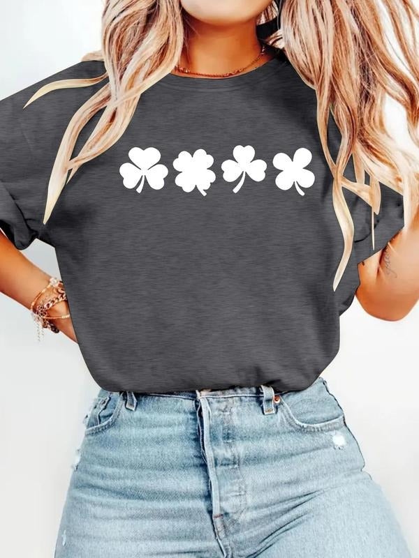 Women's Clover Print Round Neck Tee, Casual Short Sleeve Crew Neck T-Shirt for Summer, Fashion Women's Top for Daily Wear...