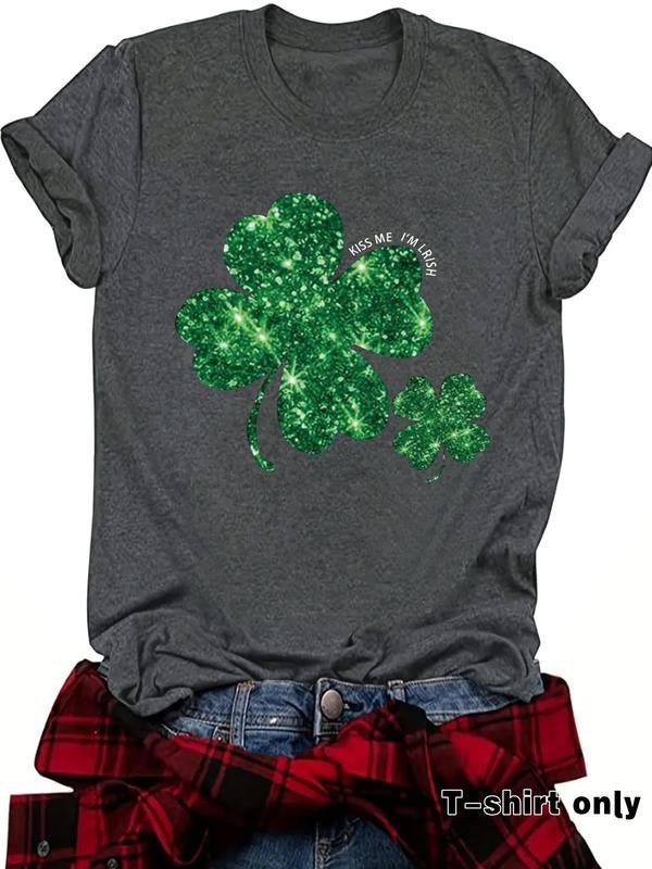 Women's Clover Print Round Neck Tee, Casual Short Sleeve Crew Neck T-shirt for Spring, Fashion Women's Top for Daily...
