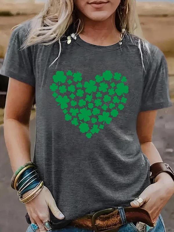 Women's Clover Print Round Neck Tee, Casual Short Sleeve Crew Neck T-shirt for Summer, Fashion Women's Top for Daily Wear...