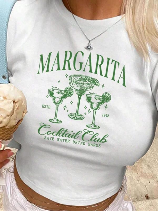 Women's Cocktail & Letter Print Round Neck Crop Tee, Casual Short Sleeve Graphic T-shirt, Ladies Summer Clothes for Daily...