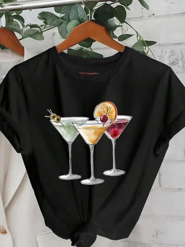 Women's Cocktail Drink Print Round Neck Tee, Casual Short Sleeve T-shirt for Summer, Ladies Clothes for Daily Wear...