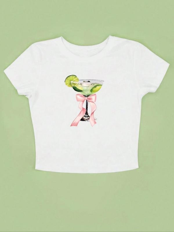 Women's Cocktail Print Round Neck Crop Tee, Casual Crew Neck Short Sleeve T-shirt for Daily Wear, Ladies Clothes for...