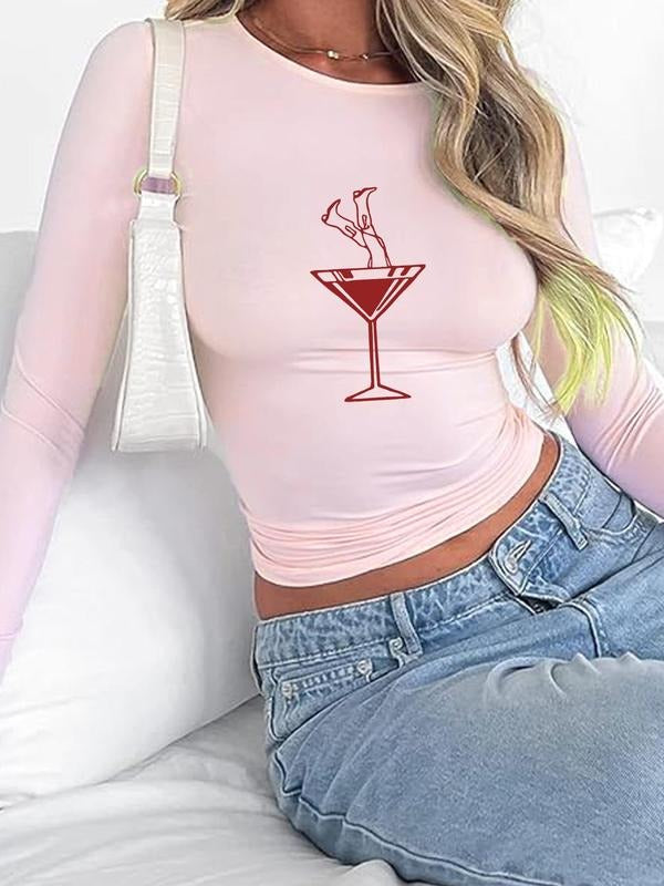 Women's Cocktail Print Round Neck Tee, Fashion Casual Long Sleeve T-Shirt for Daily Holiday Vacation Outdoor Wear, Ladies...