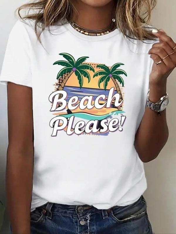 Women's Coconut Tree Graphic Print Round Neck Tee, Casual Short Sleeve T-shirt For Daily Wear, Vintage Trendy Ladies...