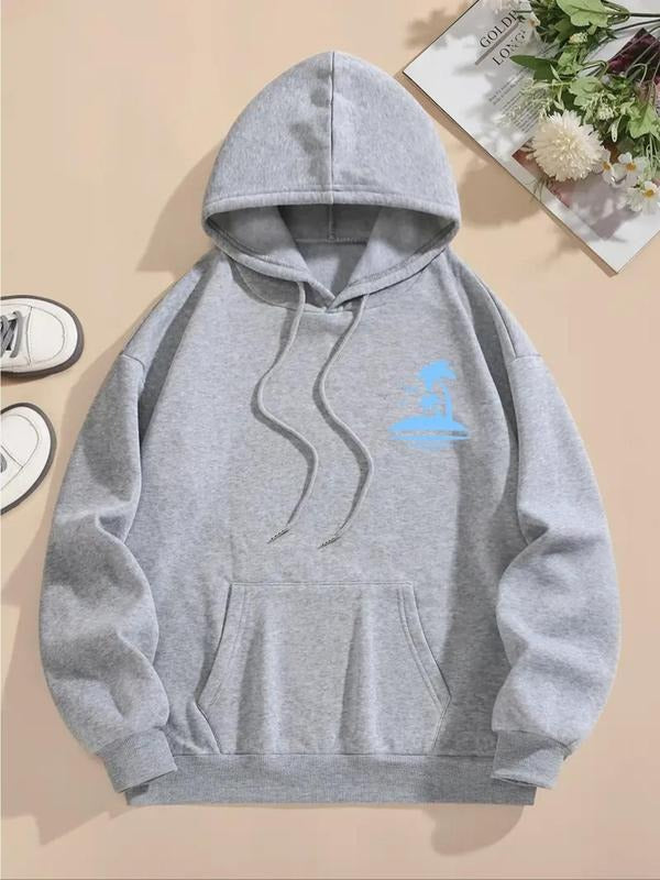 Women's Coconut Tree Print Thermal Lined Drawstring Hoodie, Fashion Casual Pocket Hooded Sweatshirt for Daily Holiday...