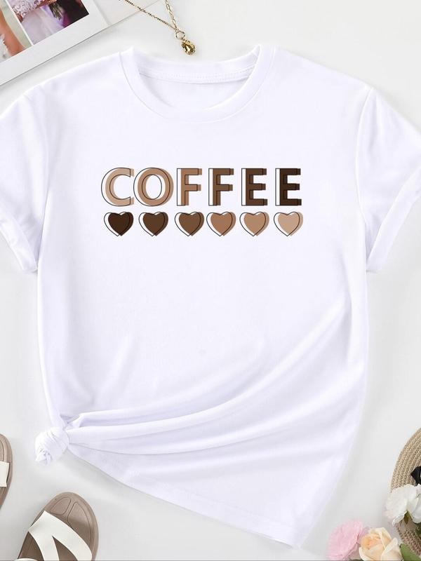 Women's Coffee & Heart Print Round Neck Tee, Fashion Casual Short Sleeve T-shirt, Ladies Summer Clothes for Daily Wear...