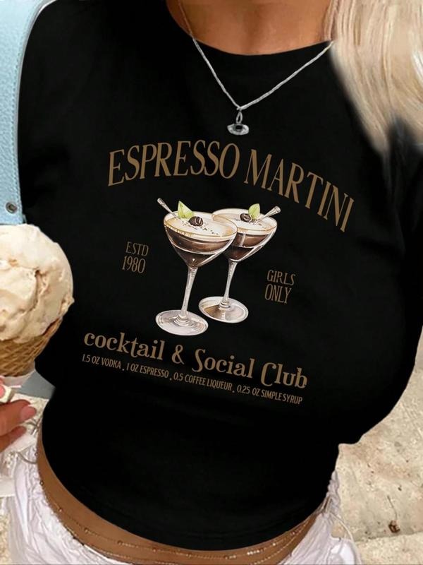 Women's Coffee & Letter Graphic Round Neck Crop Tee, Trendy Short Sleeve T-shirt for Daily Wear, Ladies Summer Outfit...