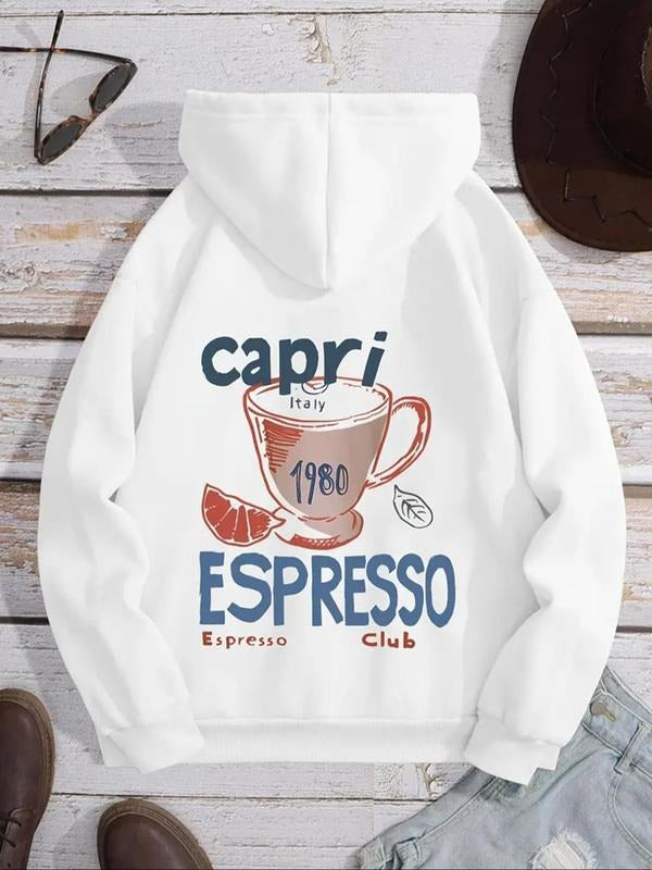 Women's Coffee & Letter Print Hoodie, Casual Drawstring Pocket Hooded Sweatshirt for Fall & Winter, Women's Clothes for...