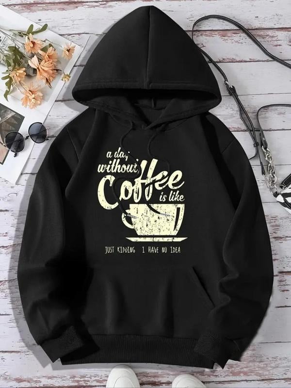 Women's Coffee & Letter Print Thermal Lined Hoodie, Fashion Casual Drawstring Pocket Hooded Sweatshirt for Daily Holiday...