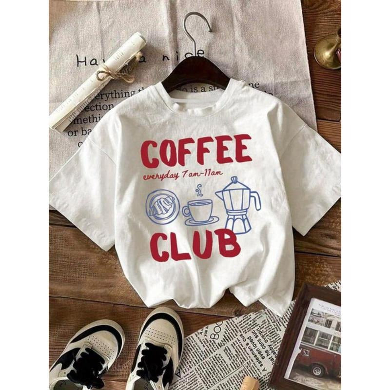 Women's Coffee Club Round Neck Graphic Tee, Casual Letter Print Short Sleeve T-shirt for Summer, Ladies Clothes for Daily...