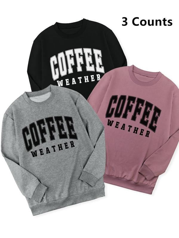 Women's Coffee Letter Print Crew Neck Sweatshirt, Casual Long Sleeve Pullover for Daily Wear, Ladies Clothes for All...