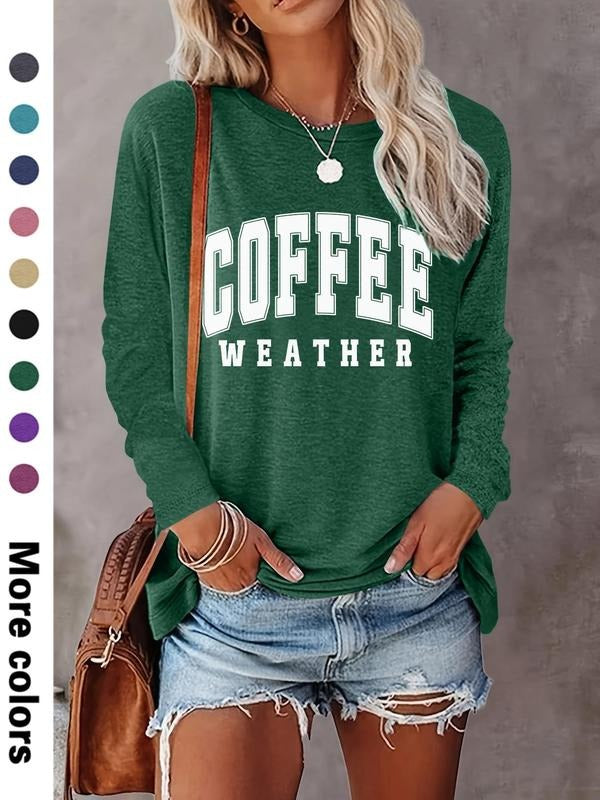 Women's Coffee Letter Print Round Neck Tee, Casual Long Sleeve Crew Neck T-shirt for Spring & Fall, Fashion Women's Top...