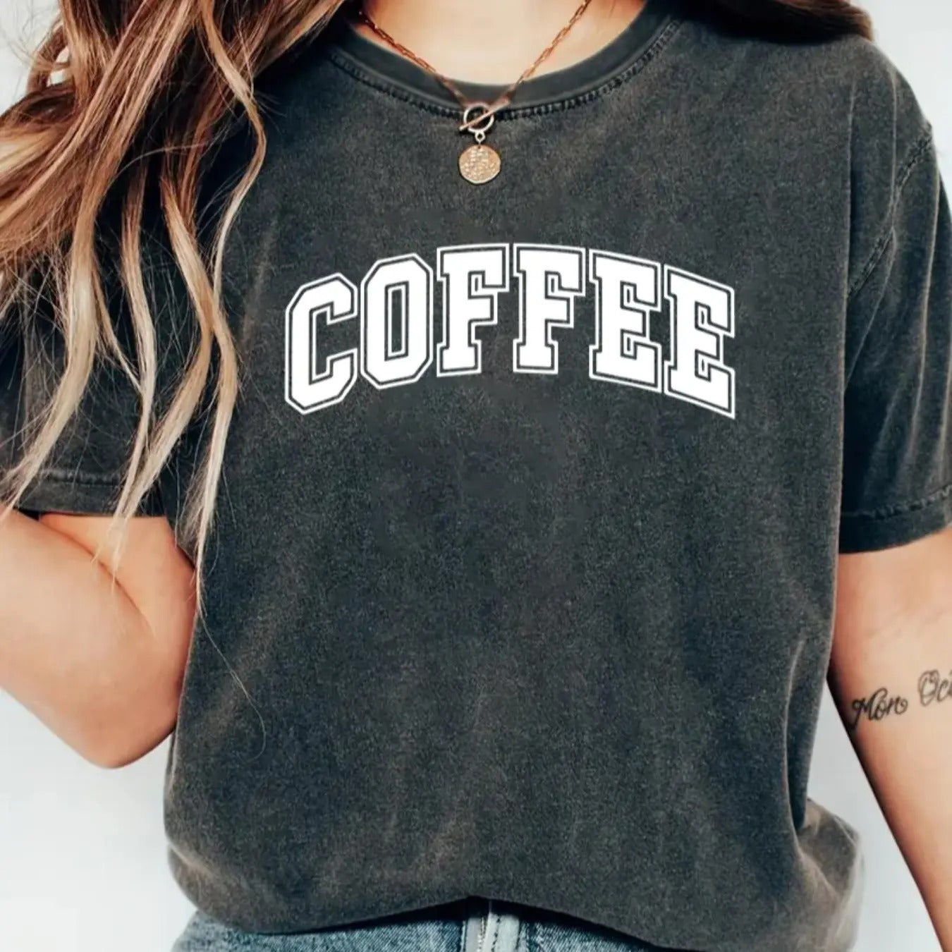 Women's Coffee Letter Print Round Neck Tee, Casual Short Sleeve Crew Neck T-shirt for Daily Wear, Ladies Clothes for All...