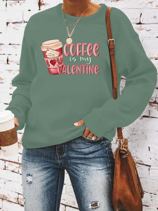 Women's Coffee Valentine Sweatshirt, Cute Heart Pattern Print, Casual Round Neck Pullover, All-Season Comfort, Perfect...
