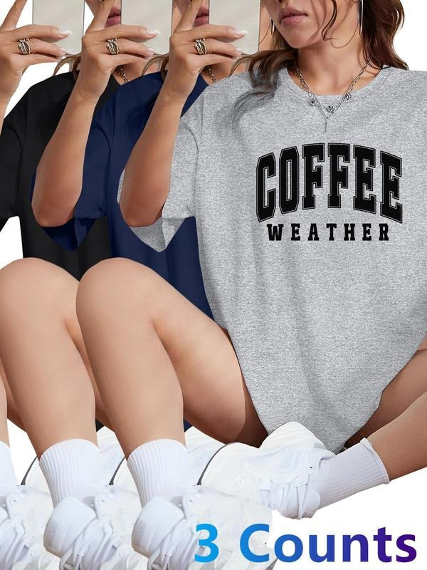 Women's Coffee Weather Letter Print Round Neck Tee, Casual Short Sleeve Crew Neck T-shirt for Daily Wear, Ladies Clothes...