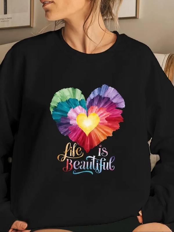 Women's Colorful Heart & Letter Print Drop Shoulder Sweatshirt, Casual Long Sleeve Round Neck Pullover for Fall & Winter,...