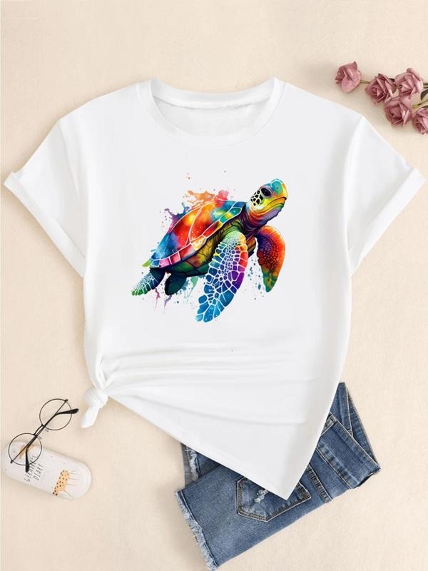 Women's Colorful Turtle Print Round Neck Tee, Fashion Casual Short Sleeve Crew Neck T-shirt for Daily Holiday Vacation...