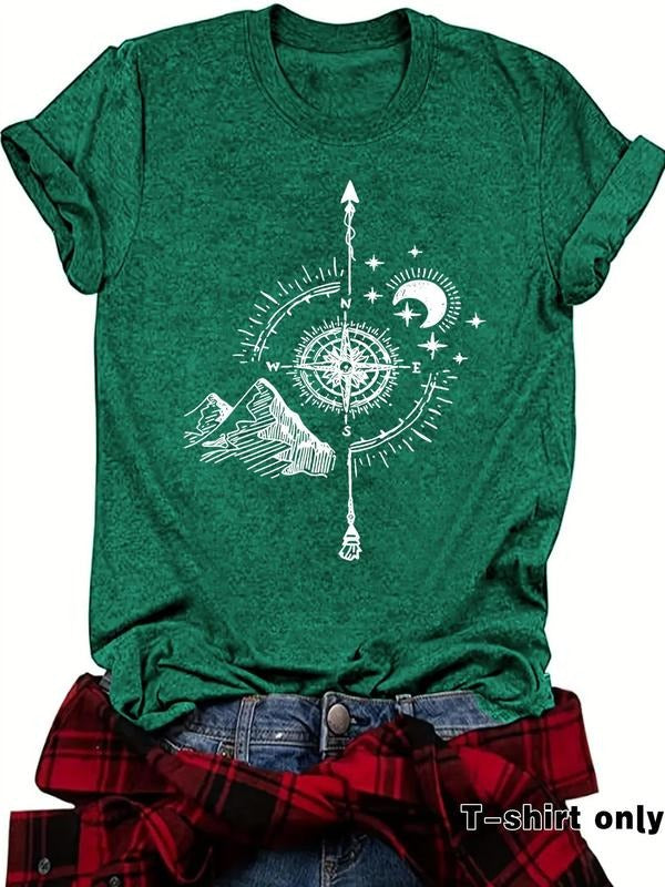 Women's Compass & Mountain Print Round Neck Tee, Casual Short Sleeve Crew Neck T-shirt for Summer, Fashion Women's Top...