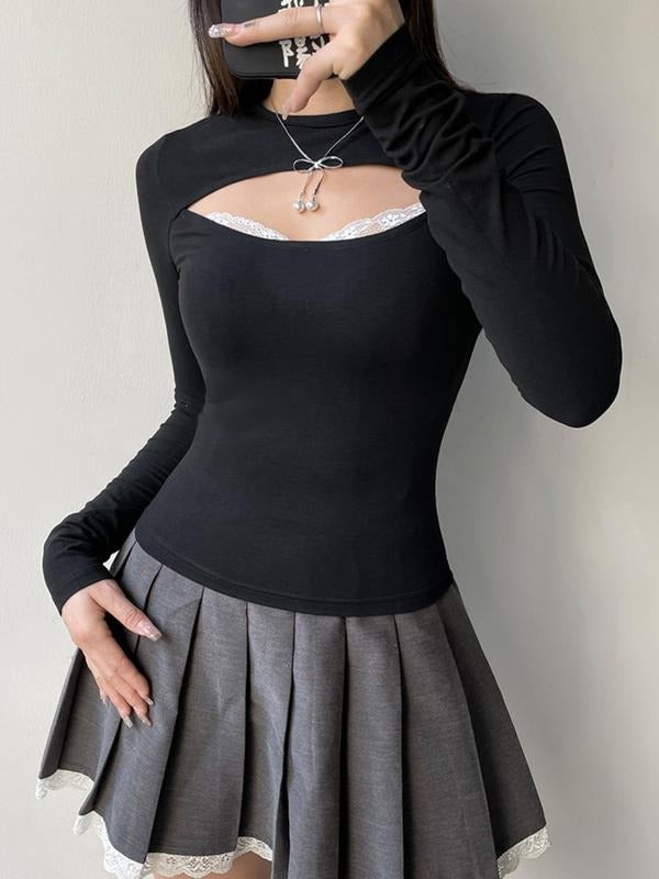 Women's Contrast Lace Cut Out Round Neck Tee, Elegant Fashion Long Sleeve T-Shirt for Daily Outdoor Wear, Women Tops for...