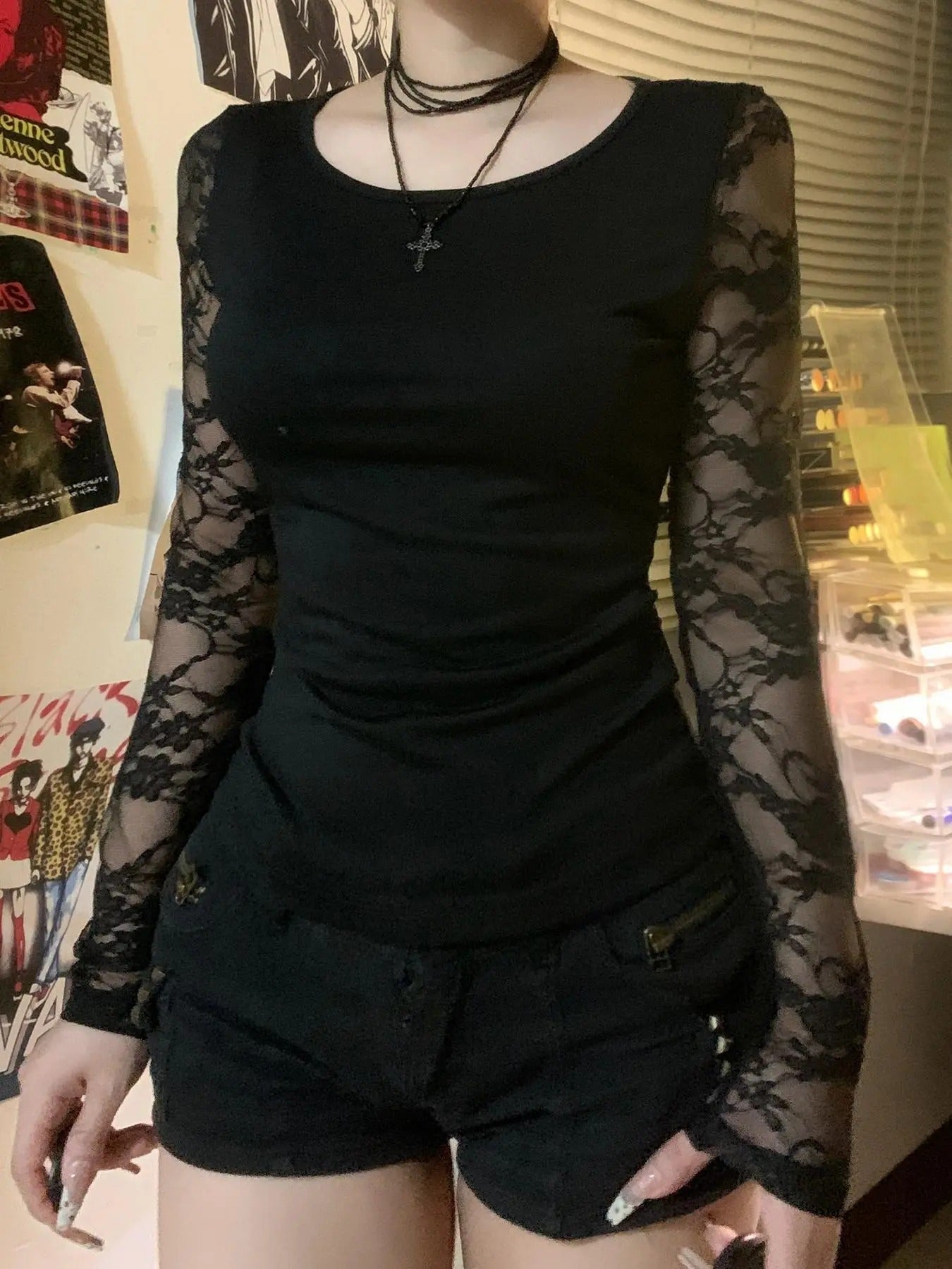 Women's Contrast Lace Sheer Tee, Street Fashion Long Sleeve T-shirt for Daily Holiday Vacation Outdoor Wear, Women Tops...