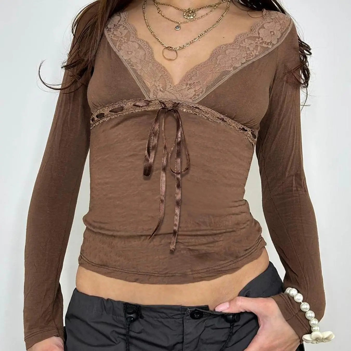 Women's Contrast Lace Tie Front Raglan Sleeve Tee, Casual V Neck Long Sleeve T-shirt for Fall & Winter, Women's Clothing...