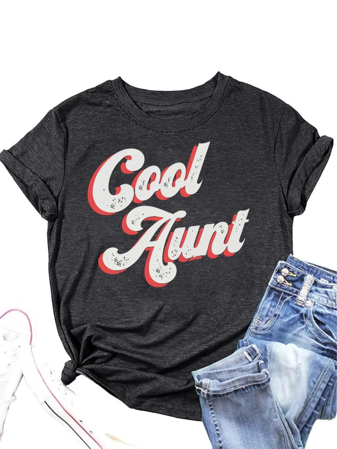 Women's Cool Aunt Print Round Neck Graphic Tee, Vintage Trendy Casual Short Sleeve T-shirt for Daily Wear, Ladies Clothes...