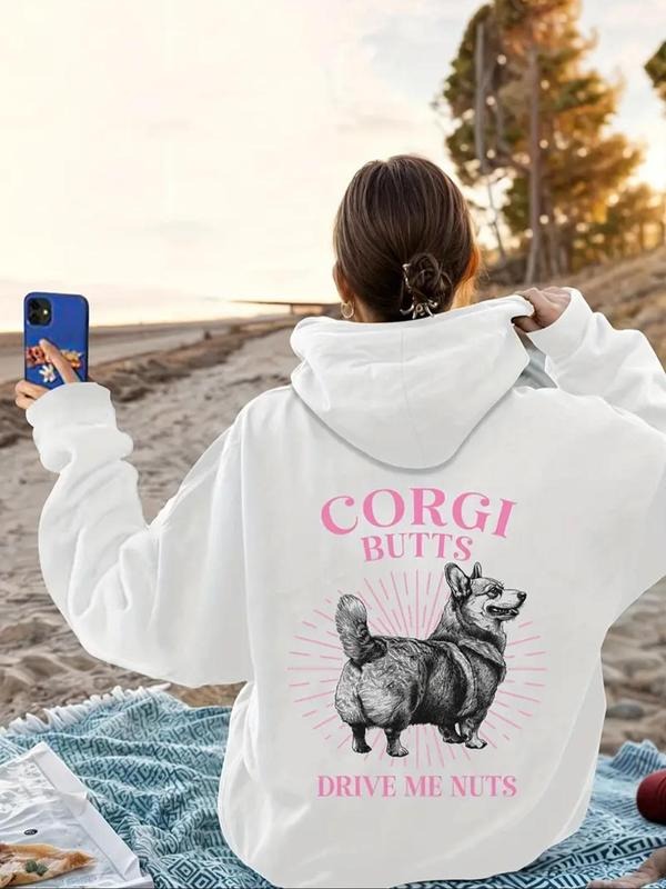 Women's Corgi Butts Print Thermal Lined Hoodie, 1 Count Letter Print Kangaroo Pocket Long Sleeve Hooded Sweatshirt for...