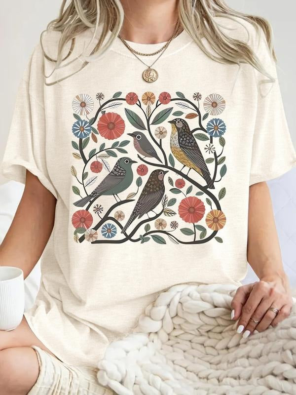 Women's Cottagecore Bird & Flower Print Casual Summer Top, Round Neck Short Sleeve T-Shirt, Comfortable Breathable Fit...