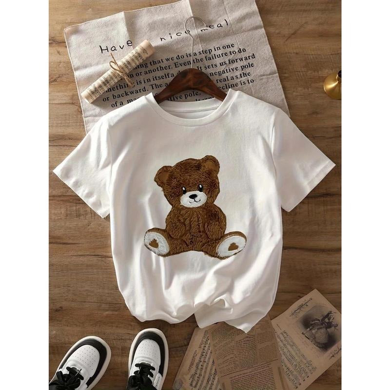 Women's Cotton T-Shirt with Cute Cartoon Bear Graphic Print