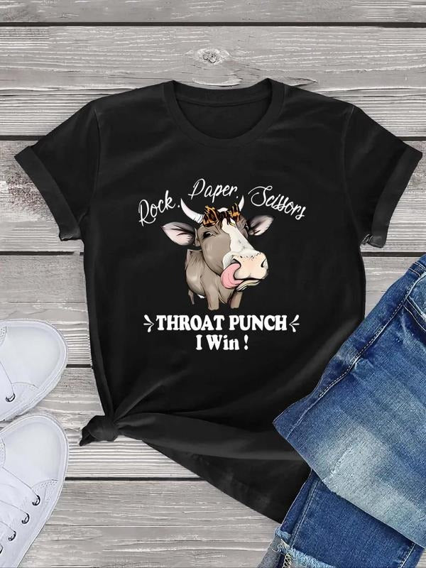Women's Cow & Letter Print Round Neck  Tee, Vintage Trendy Casual Short Sleeve T-shirt for Daily Wear, Ladies Summer...