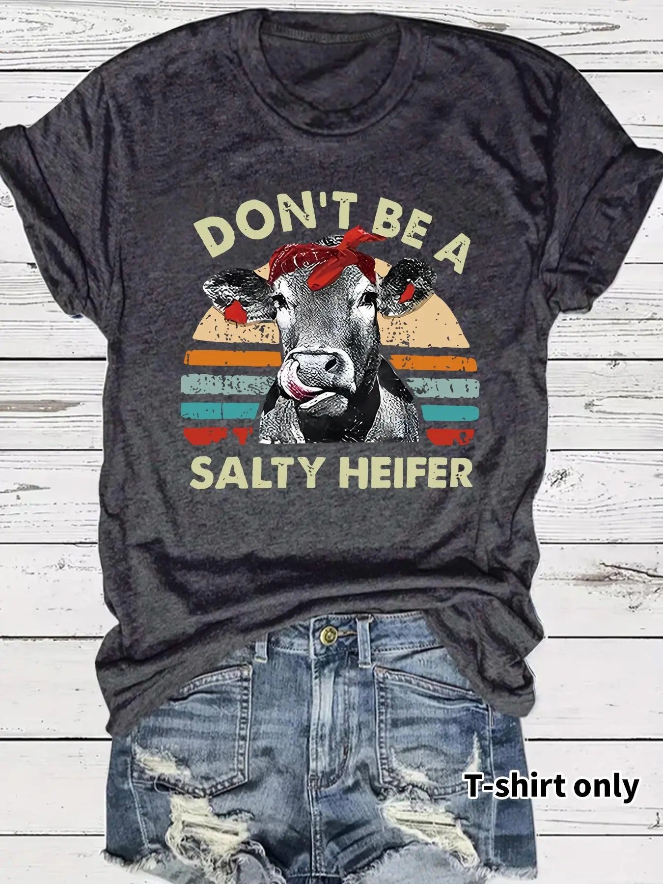 Women's Cow & Letter Print Round Neck Tee, Casual Short Sleeve Crew Neck T-shirt for Spring, Fashion Women's Top for...