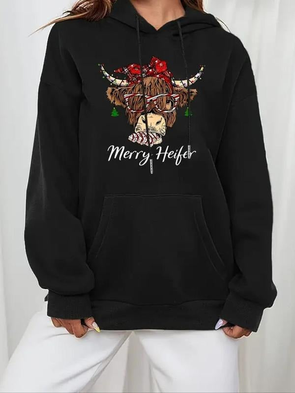 Women's Cow Head & Letter Print Drawstring Hoodie, Casual Long Sleeve Hooded Sweatshirt for Fall & Winter, Women's...
