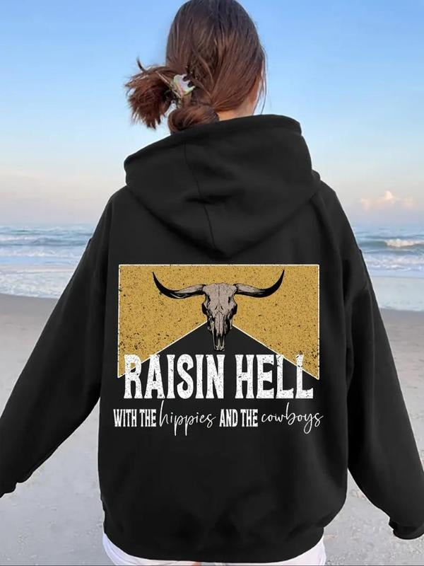 Women's Cow Head & Letter Print Hoodie, Casual Hooded Sweatshirt for Fall & Winter, Women's Clothes for Daily Wear T-Shirts