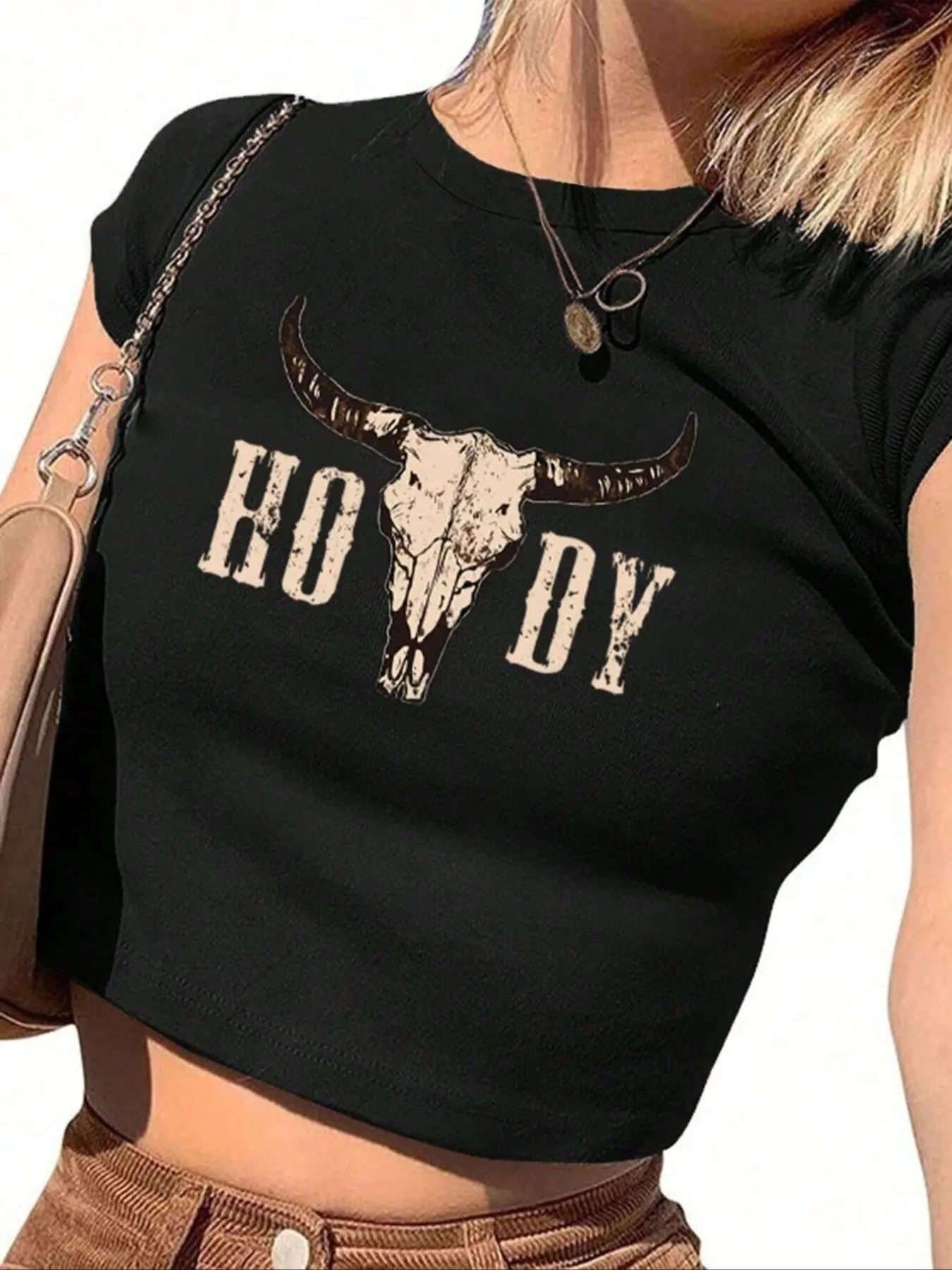 Women's Cow Head & Letter Print Round Neck Crop Tee, Street Fashion Casual Short Sleeve T-Shirt for Daily Holiday...