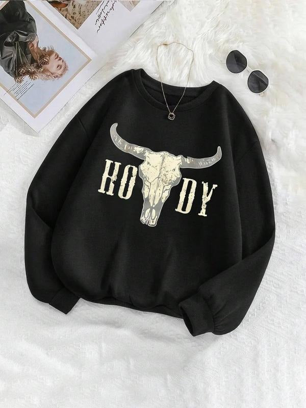 Women's Cow Head & Letter Print Thermal Lined   Sweatshirt, Casual Long Sleeve Round Neck Pullover for Fall & Winter,...