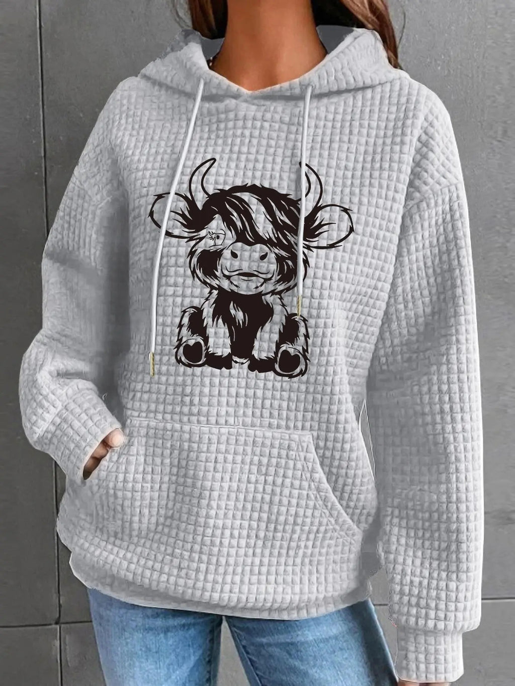 Women's Cow Print Drawstring Pocket Hoodie, Casual Long Sleeve Hooded Sweatshirt for Spring, Fashion Women's Top for...