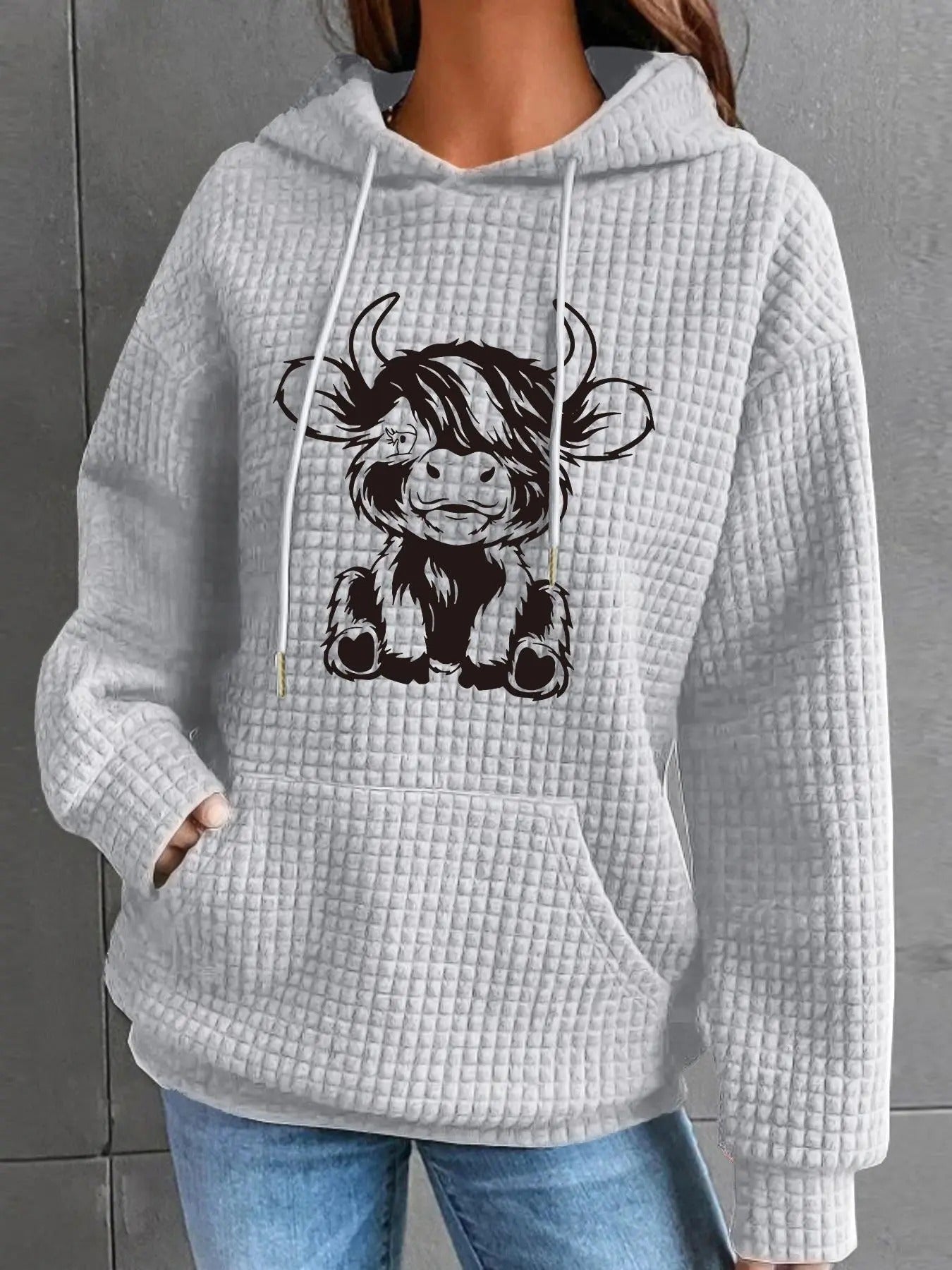 Women's Cow Print Drawstring Pocket Hoodie, Casual Long Sleeve Hooded Sweatshirt for Spring, Fashion Women's Top for...