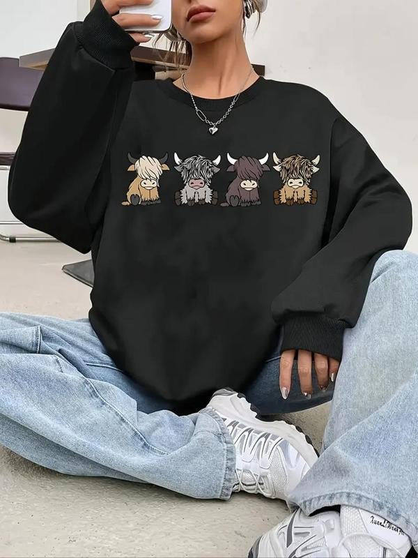 Women's Cow Print Drop Shoulder Sweatshirt, 2024 New Style Casual Long Sleeve Round Neck Pullover for Daily Wear, Ladies...