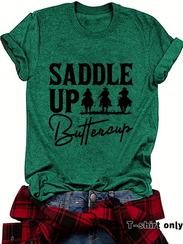 Women's Cowboy & Cowgirl Print Round Neck Tee, Casual Short Sleeve Crew Neck T-shirt for Summer, Fashion Women's Top for...