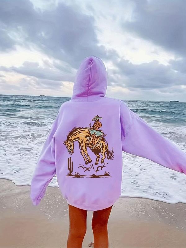 Women's Cowboy & Horse  Print Thermal Lined Hoodie, Fashion Casual Drawstring Pocket Hooded Sweatshirt for Daily Holiday...