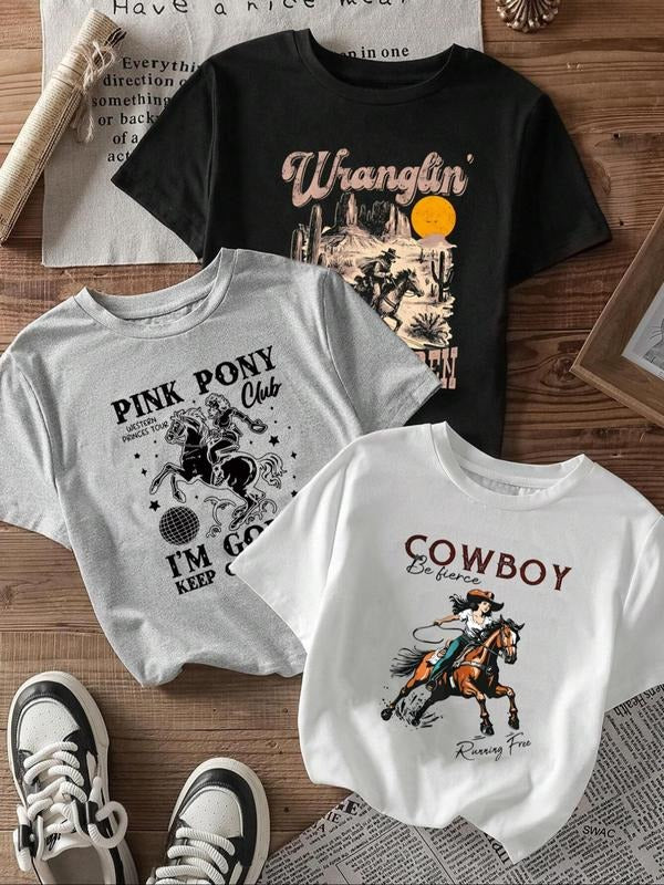 Women's Cowboy & Letter Print Round Neck Tee, Vintage Trendy Casual Short Sleeve T-shirt for Daily Wear, Ladies Summer...