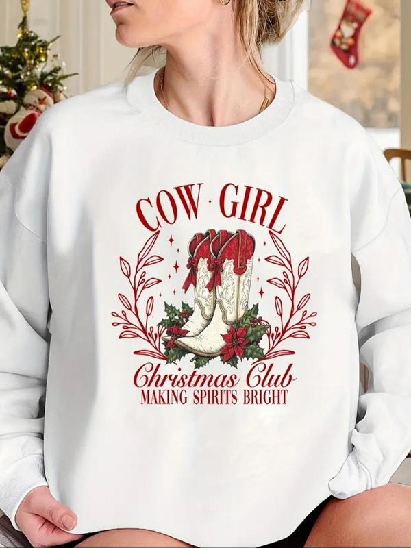 Women's Cowboy Boots & Letter Print Crew Neck Sweatshirt, Casual Long Sleeve Pullover for Fall & Winter, Women's Clothes...
