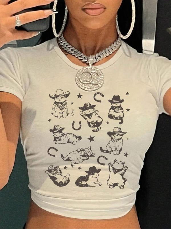 Women's Cowboy Cat Print Round Neck Tee, Casual Short Sleeve Crew Neck T-shirt for Summer, Fashion Women's Top for Daily...